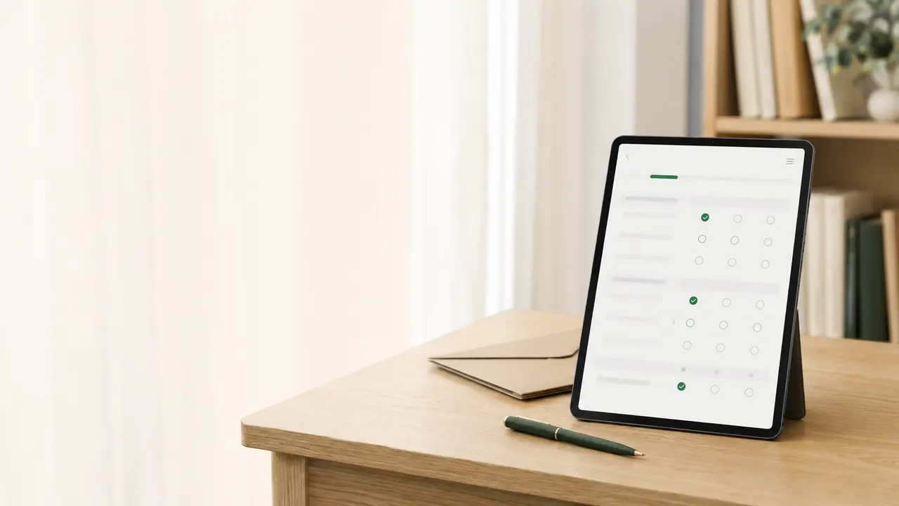 Tablet mit digitalem diagnostischem Fragebogen auf einem hellen Tisch