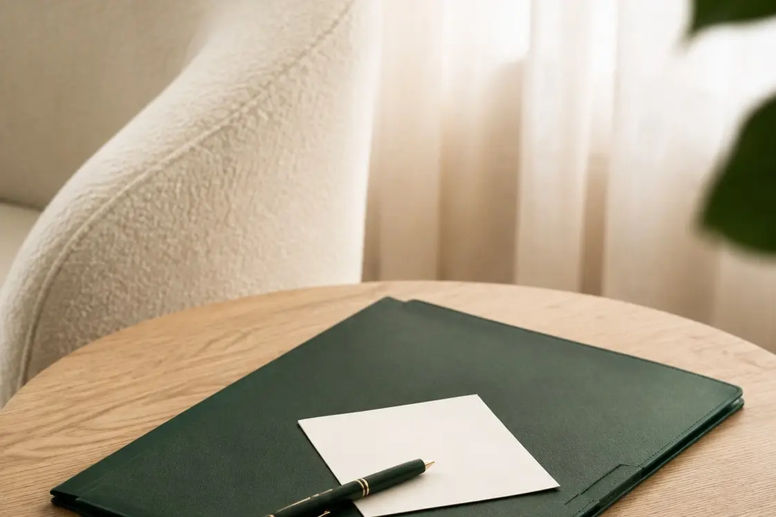 Befundunterlagen und Stift auf einem Tisch im Praxisraum