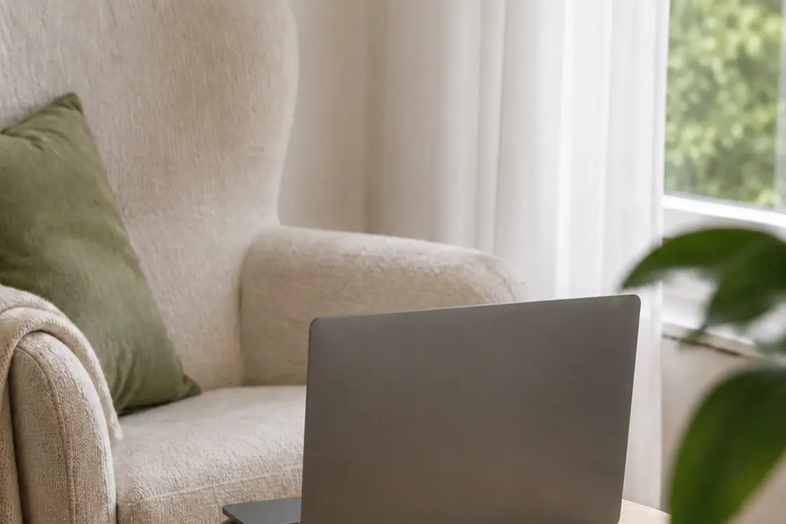 Laptop in einem hellen Wohnraum für eine Online-Diagnostik