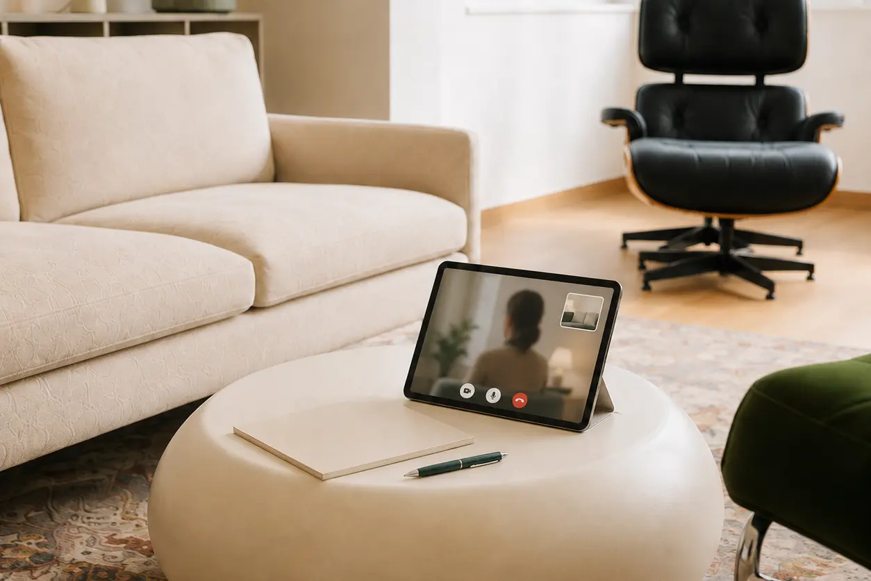 Tablet für eine vertrauliche Online-Psychotherapie in einem hellen Therapieraum