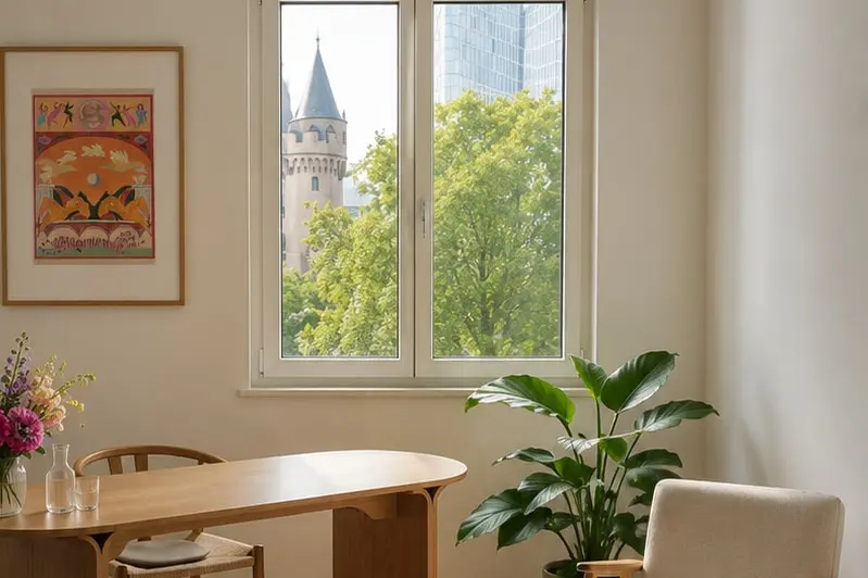 Heller Therapieraum mit Blick auf den Eschenheimer Turm