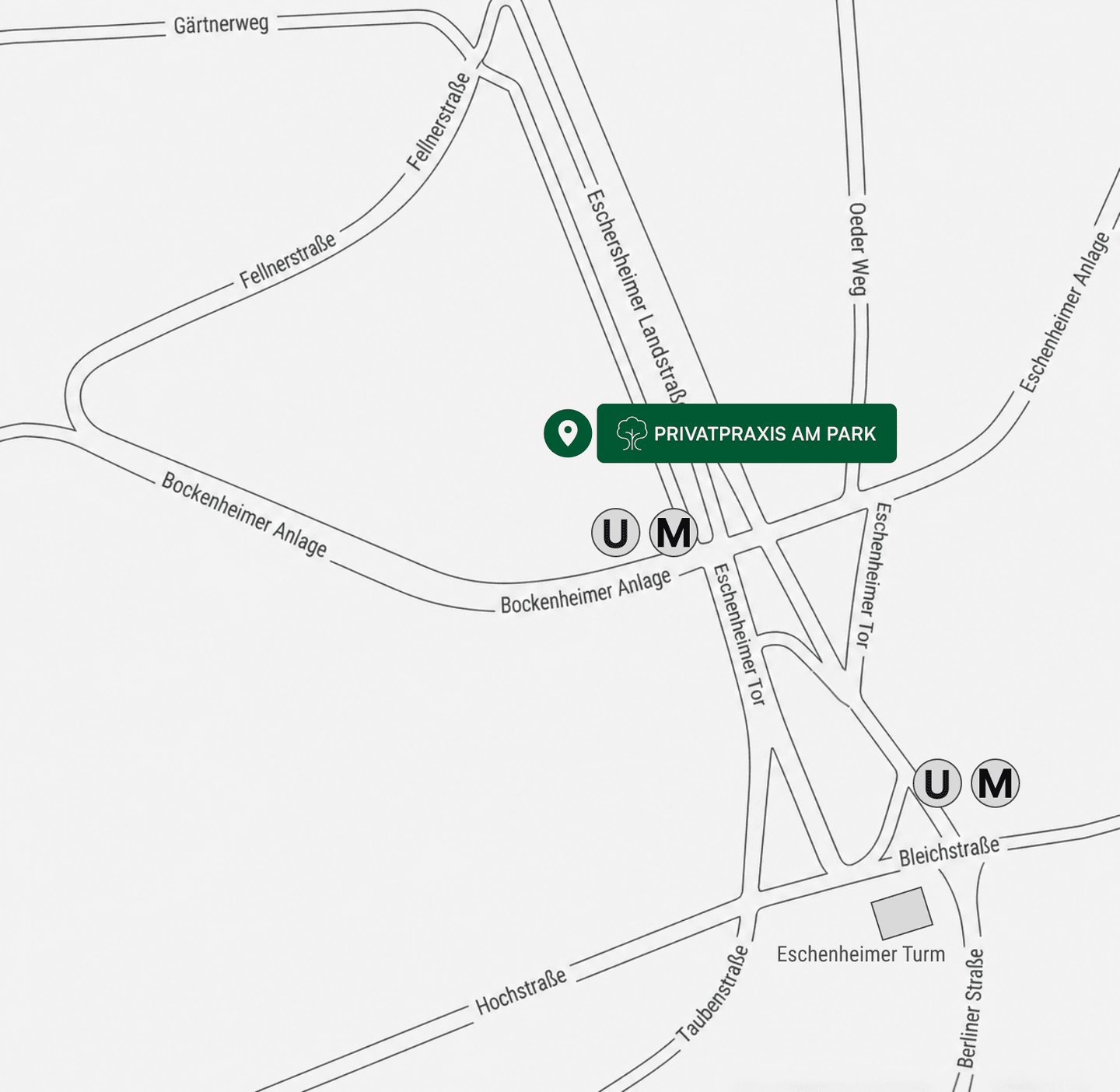 Lageplan der Praxis zwischen Bockenheimer Anlage, Eschenheimer Tor und Eschenheimer Turm